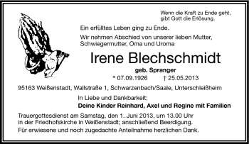 Traueranzeige von Irene Blechschmidt von Frankenpost