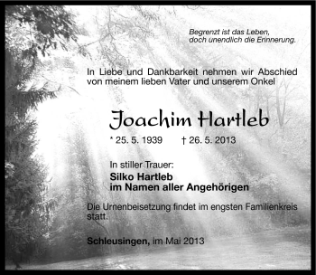 Traueranzeige von Joachim Hartleb von Südthüringer Presse