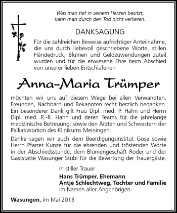 Traueranzeige von Anna-Maria Trümper von Südthüringer Presse
