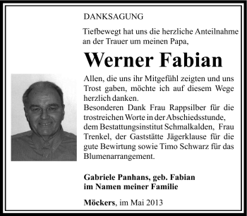 Traueranzeige von Werner Fabian von Südthüringer Presse