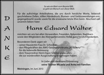 Traueranzeige von Hans Eduard Walter von Südthüringer Presse