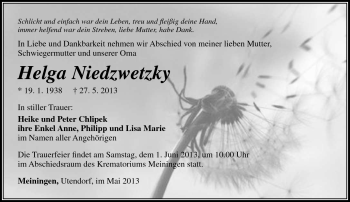 Traueranzeige von Helga Niedzwetzky von Südthüringer Presse