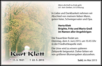 Traueranzeige von Kurt Klett von Südthüringer Presse