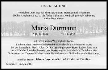 Traueranzeige von Maria Durmann von Neue Presse Coburg