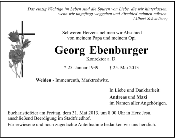 Traueranzeige von Georg Ebenburger von Frankenpost