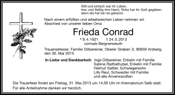 Traueranzeige von Frieda Conrad von Frankenpost