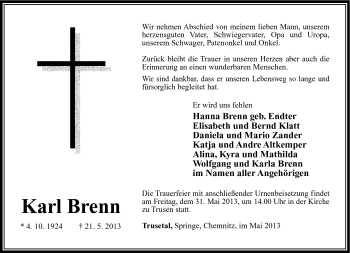 Traueranzeige von Karl Brenn von Südthüringer Presse