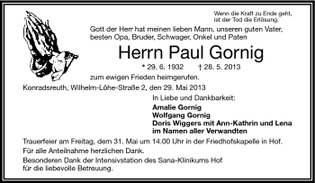 Traueranzeige von Paul Gornig von Frankenpost