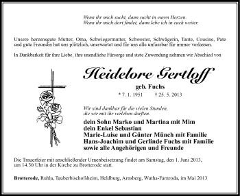 Traueranzeige von Heidelore Gertloff von Südthüringer Presse