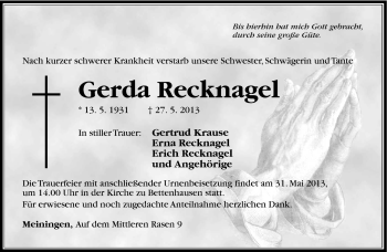 Traueranzeige von Gerda Recknagel von Südthüringer Presse
