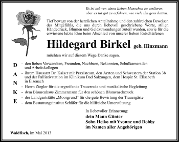 Traueranzeige von Hildegard Birkel von Südthüringer Presse