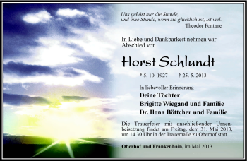 Traueranzeige von Horst Schlundt von Südthüringer Presse