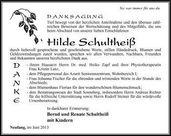 Traueranzeige von Hilde Schultheiß von Südthüringer Presse