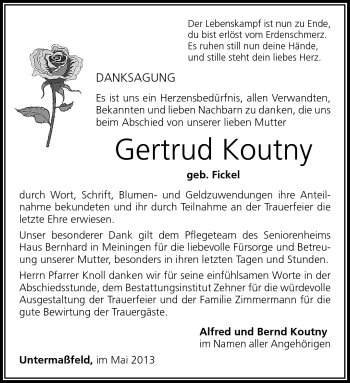 Traueranzeige von Gertrud Koutny von Südthüringer Presse