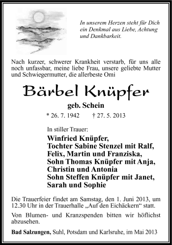 Traueranzeige von Bärbel Knüpfer von Südthüringer Presse