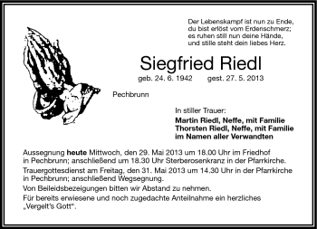 Traueranzeige von Siegfried Riedl von Frankenpost