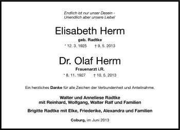 Traueranzeige von OlafElisabeth HermHerm von Neue Presse Coburg