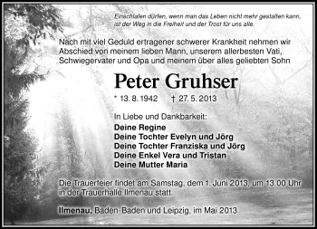 Traueranzeige von Peter Gruhser von Südthüringer Presse
