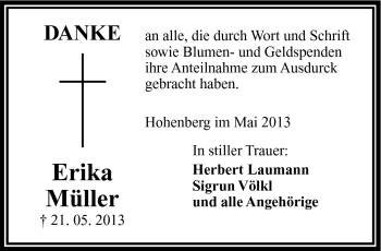 Traueranzeige von Erika Müller von Frankenpost