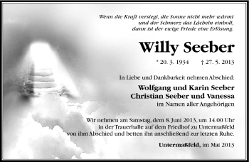 Traueranzeige von Willy Seeber von Südthüringer Presse