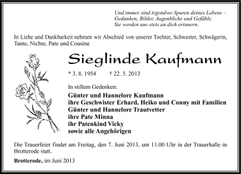Traueranzeige von Sieglinde Kaufmann von Südthüringer Presse