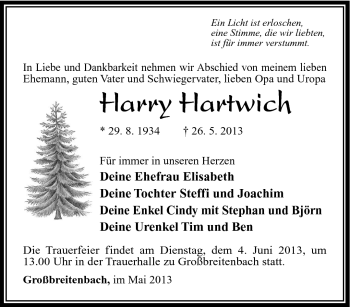 Traueranzeige von Harry Hartwich von Südthüringer Presse
