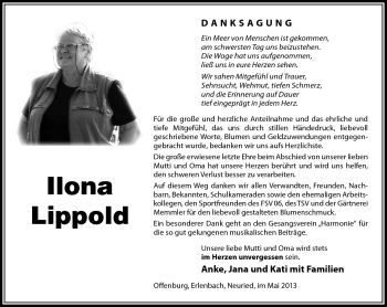 Traueranzeige von Ilona Lippold von Südthüringer Presse