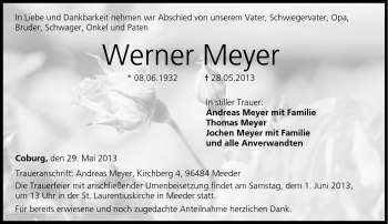 Traueranzeige von Werner Meyer von Neue Presse Coburg
