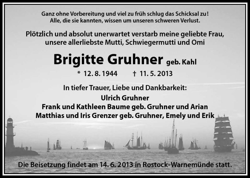  Traueranzeige für Brigitte Gruhner vom 01.06.2013 aus Südthüringer Presse