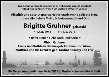Traueranzeige von Brigitte Gruhner von Südthüringer Presse