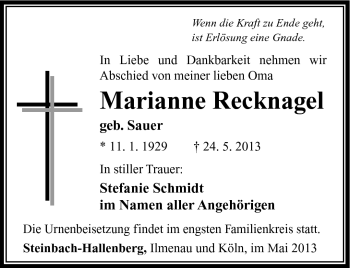 Traueranzeige von Marianne Recknagel von Südthüringer Presse