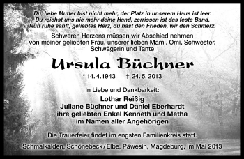 Traueranzeige von Ursula Büchner von Südthüringer Presse