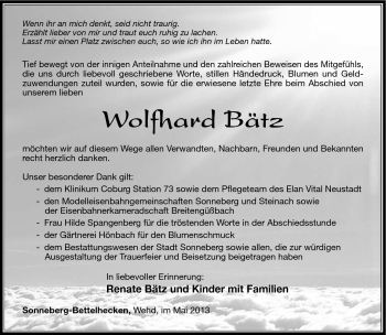 Traueranzeige von Wolfhard Bätz von Südthüringer Presse