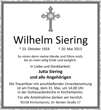 Traueranzeige von Wilhelm Siering von Frankenpost