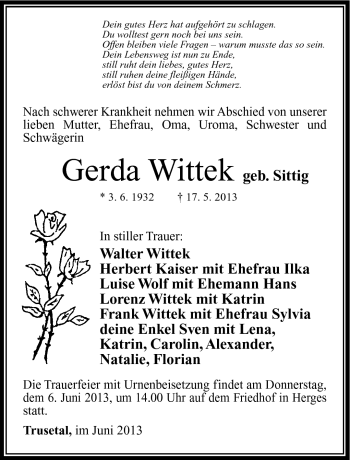 Traueranzeige von Gerda Wittek von Südthüringer Presse