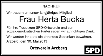 Traueranzeige von Herta Bucka von Frankenpost