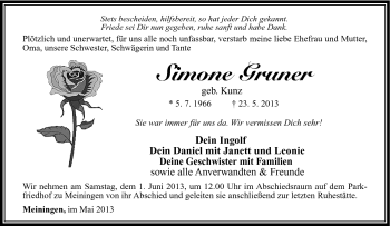 Traueranzeige von Simone Gruner von Südthüringer Presse