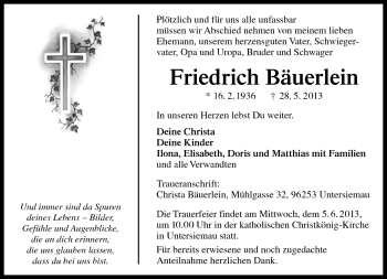 Traueranzeige von Friedrich Bäuerlein von Neue Presse Coburg