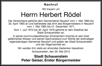 Traueranzeige von Herbert Rödel von Frankenpost