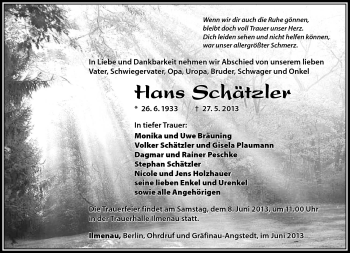 Traueranzeige von Hans Schätzler von Südthüringer Presse