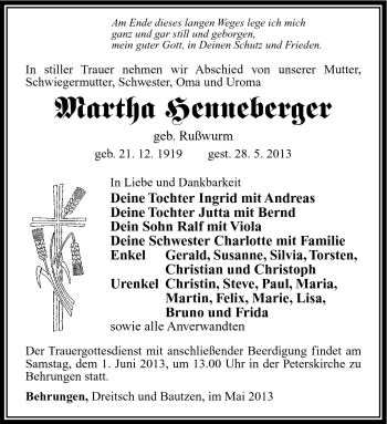 Traueranzeige von Martha Henneberger von Südthüringer Presse