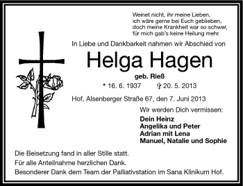 Traueranzeige von Helga Hagen von Frankenpost
