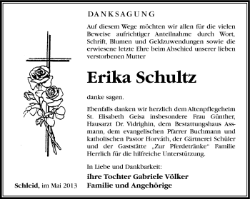 Traueranzeige von Erika Schultz von Südthüringer Presse