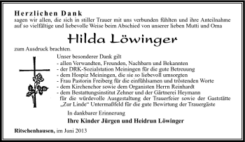 Traueranzeige von Hilda Löwinger von Südthüringer Presse