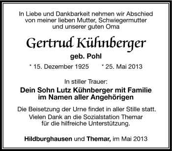 Traueranzeige von Gertrud Kühnberger von Südthüringer Presse