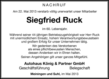 Traueranzeige von Siegfried Ruck von Südthüringer Presse