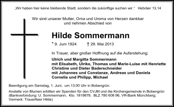 Traueranzeige von Hilde Sommermann von Frankenpost