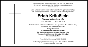 Traueranzeige von Erich Kräußlein von Neue Presse Coburg