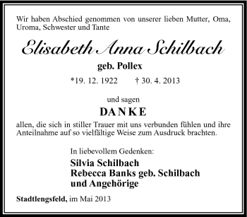 Traueranzeige von Elisabeth Anna Schilbach von Südthüringer Presse