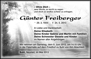 Traueranzeige von Günter Freiberger von Südthüringer Presse